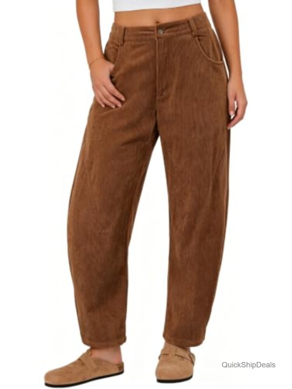 Women's Corduroy Barrel Pants Mid Rise Cropped Trousers with Pockets